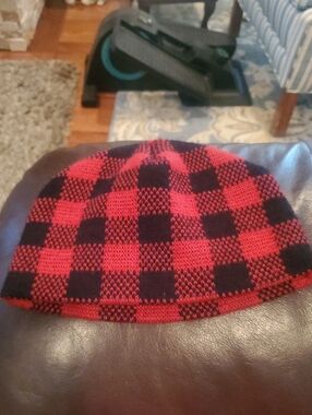 Red and Black Check Knit Beanie